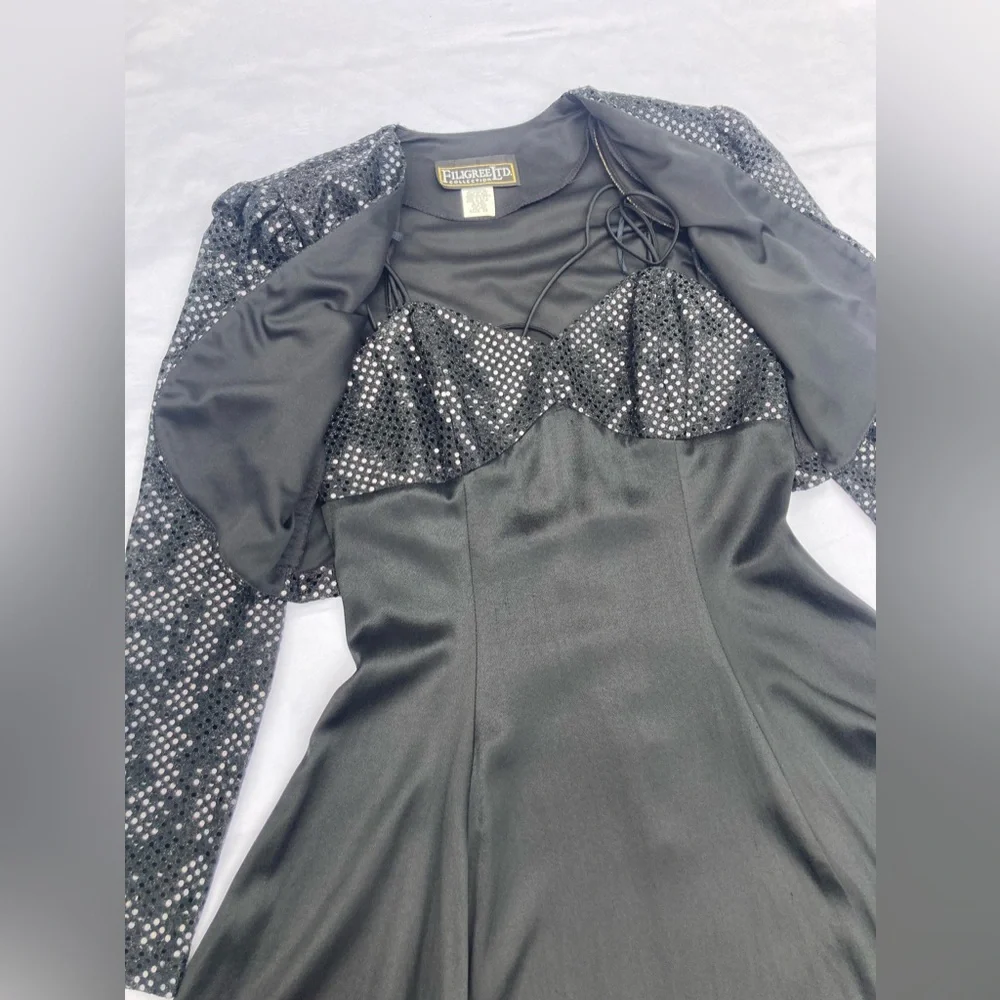 VTG 90’s Filigree Ltd Collection Black Spaghetti Strap Dress W/ Matching Bolero - Picture 3 of 12